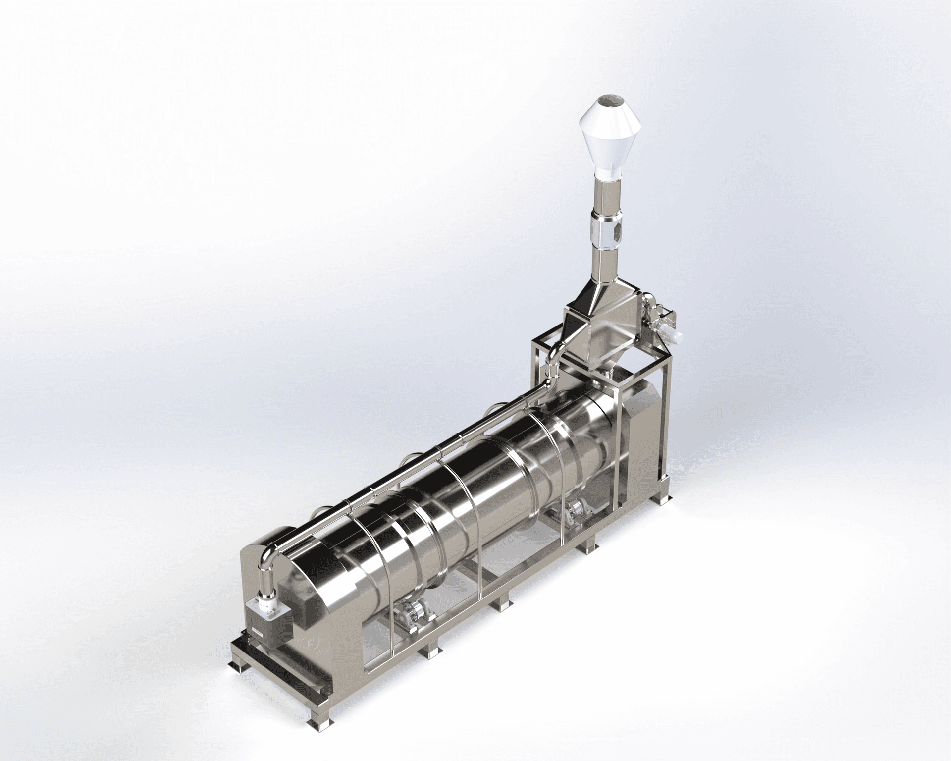 Industrial rotary dryer with Enertherm EcoHeat indirect process heater integrated at the heat inlet — 3D CAD render showing stainless steel drum, support frame, and heater connection point for asphalt and bitumen applications