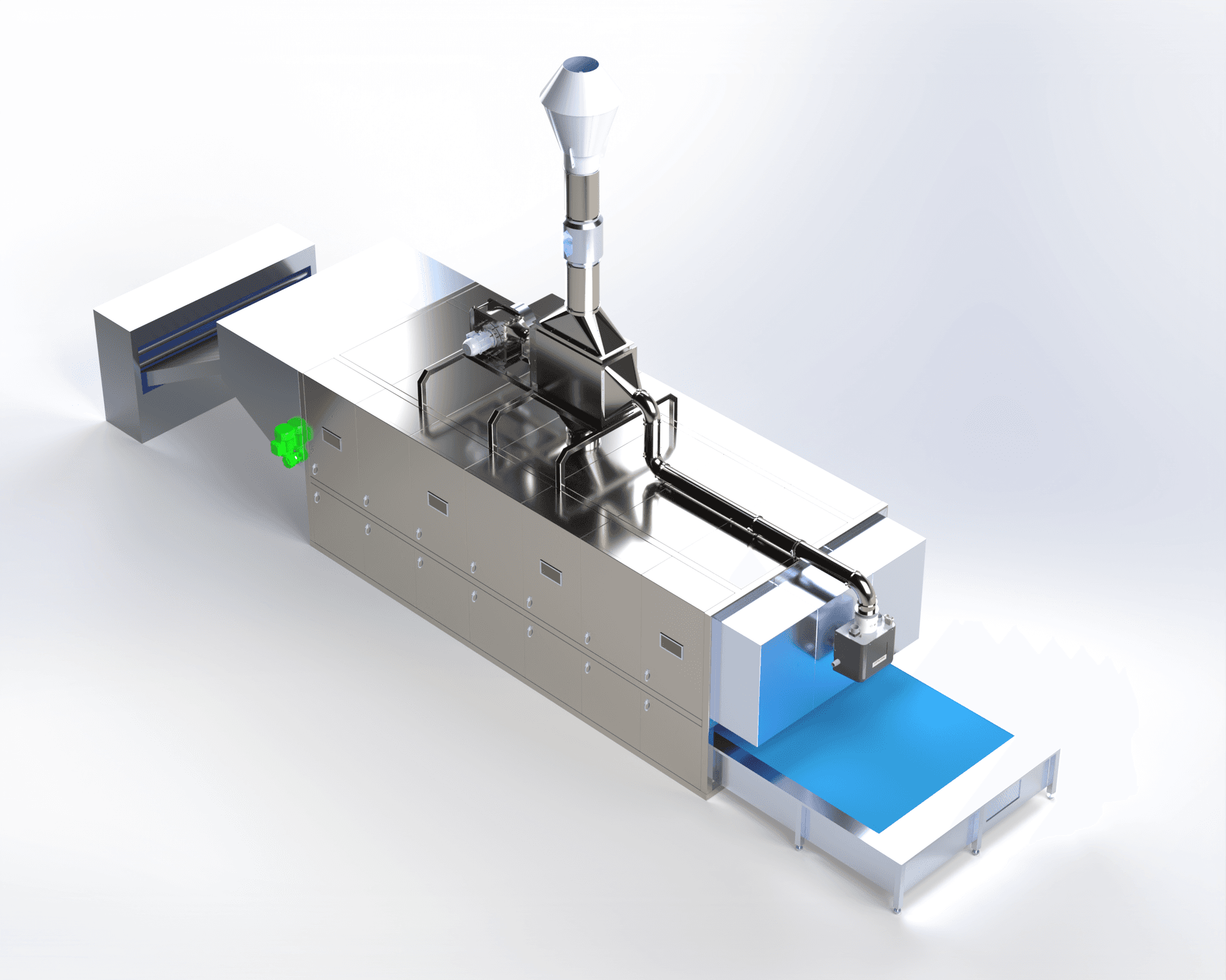 Industrial textile dryer 3D render showing EcoHeat indirect process heater (green block) connected to a continuous drying tunnel with conveyor belt output