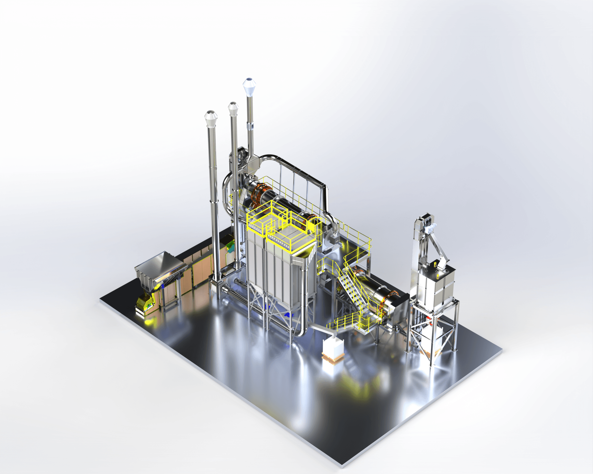3D render of industrial waste incineration plant — rotary kiln, secondary combustion chamber, exhaust stacks, and safety walkways