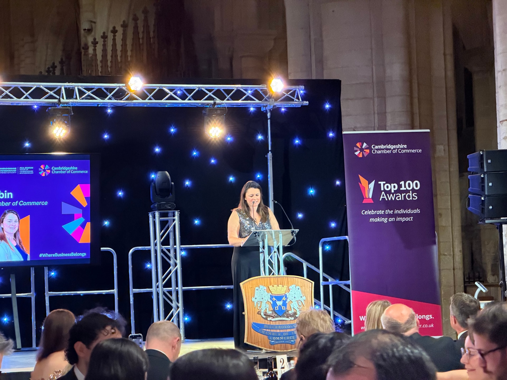 Speaker at the Peterborough Chamber of Commerce Top 100 Awards stage