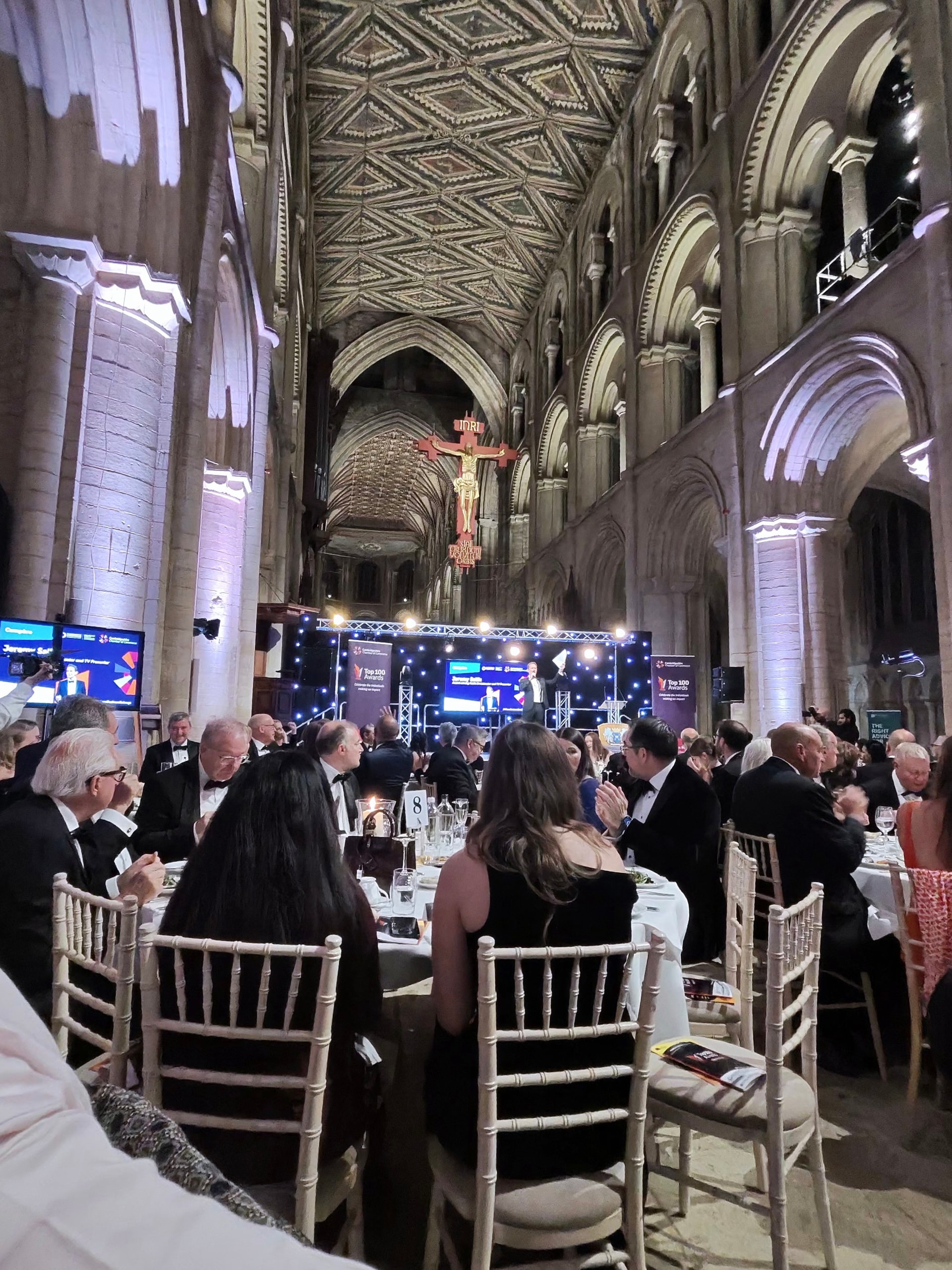 Awards dinner guests seated beneath the vaulted ceiling of Peterborough Cathedral