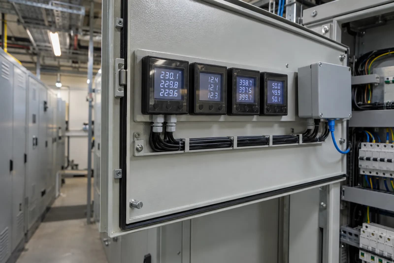 Digital power sub-meters on a factory switchboard door, wired to a new data gateway