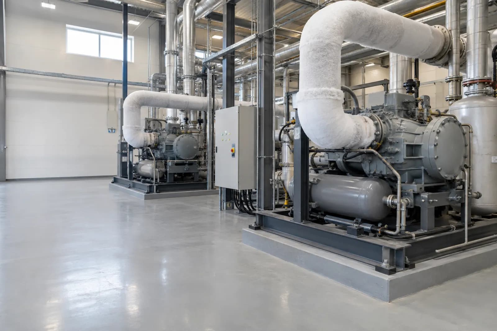 Ammonia refrigeration compressors and insulated pipework in a food factory plant room