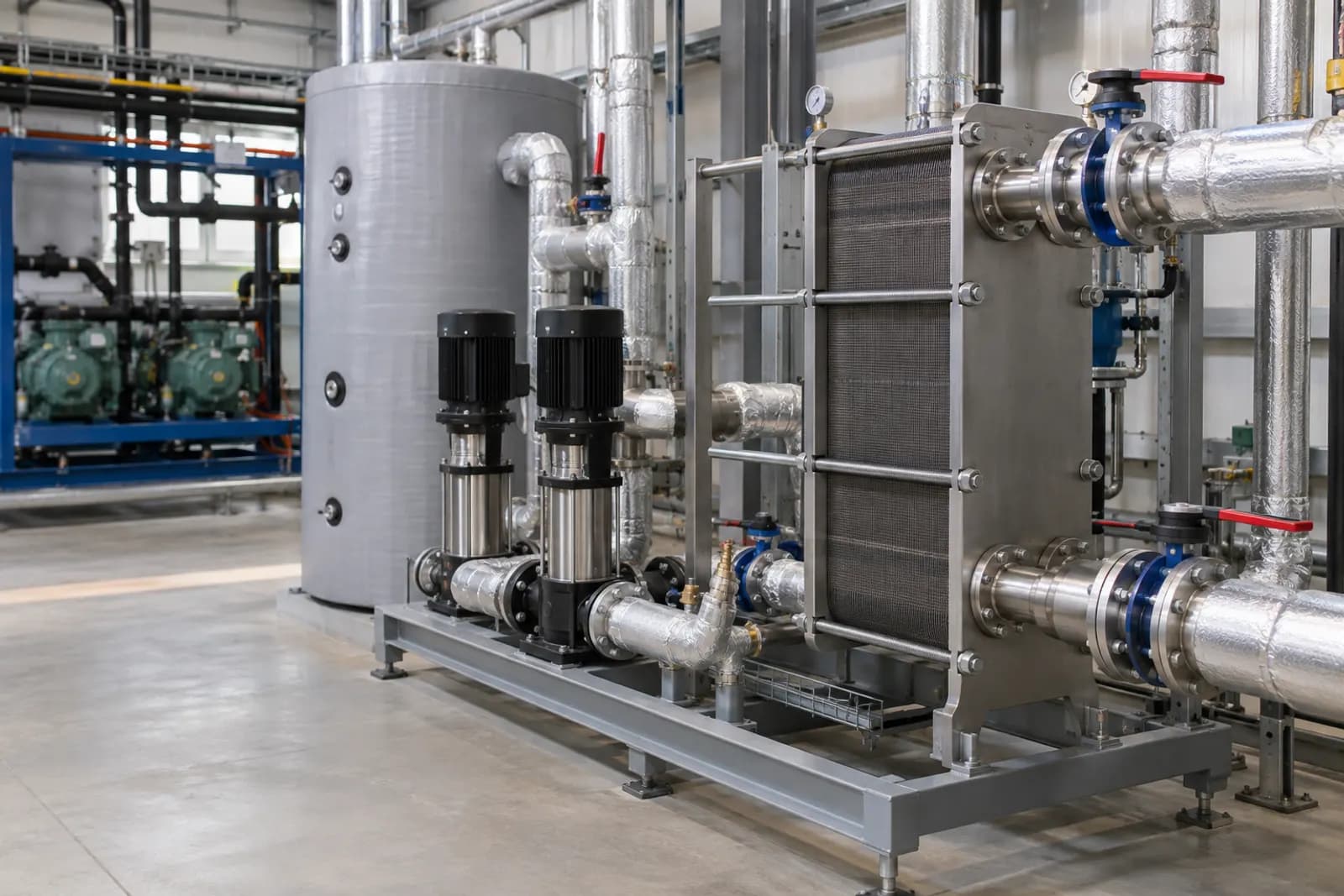 Heat recovery skid with a plate heat exchanger, pumps and hot water buffer vessel beside refrigeration compressors