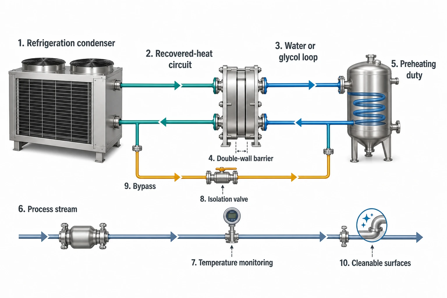 Recover waste heat without compromising food safety